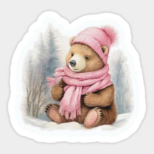 Adorable cute bear wearing a pink hat and scarf Sticker